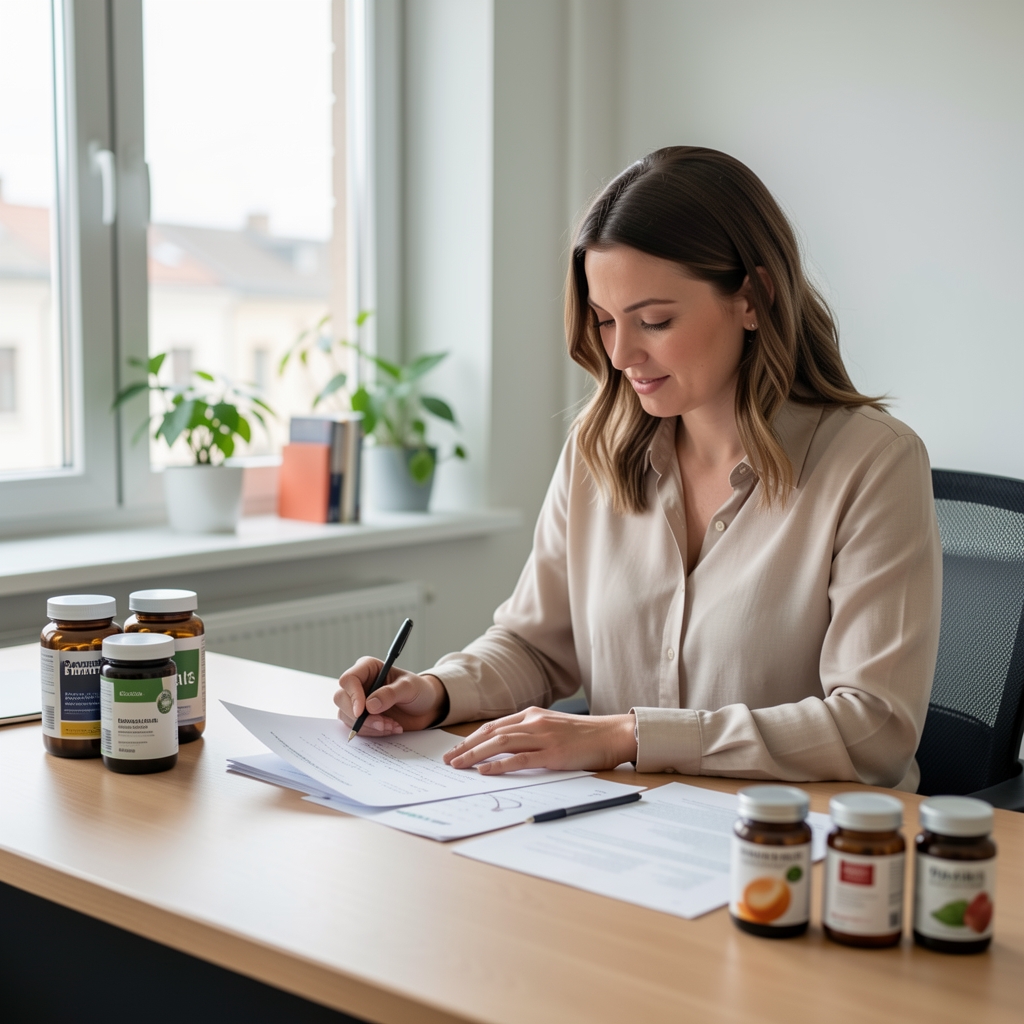 Quality-control workspace showing supplement containers with handwritten lot references on a clean wooden table under bright controlled lighting