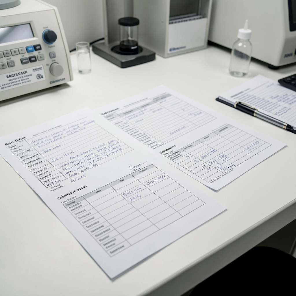 Close-up of handwritten batch documentation and calibration records spread on a white surface in a tidy verification workspace under controlled lighting