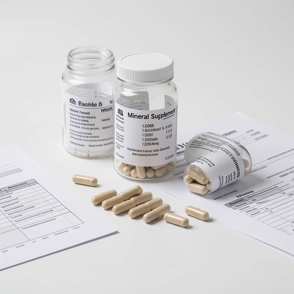 Clean workspace with mineral supplement capsules arranged on a matte white surface under controlled studio lighting, with a batch-coded glass container and documentation sheets