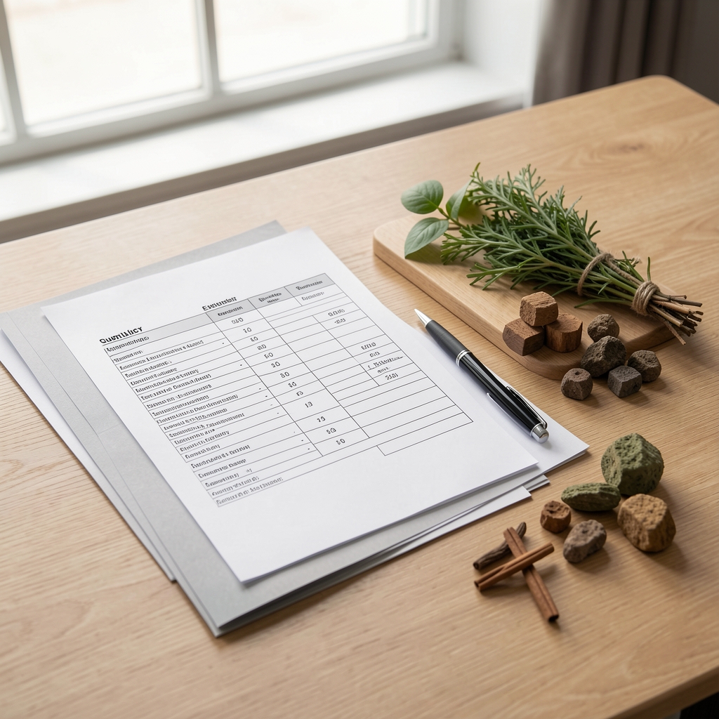 Printed supplier evaluation form on a desk with quality documents and a pen next to botanical raw material samples in a clean workspace