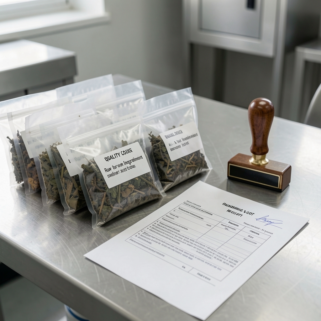 Raw botanical ingredient material in labelled sample bags on a stainless quality-control bench with incoming lot paperwork and a stamp of receipt