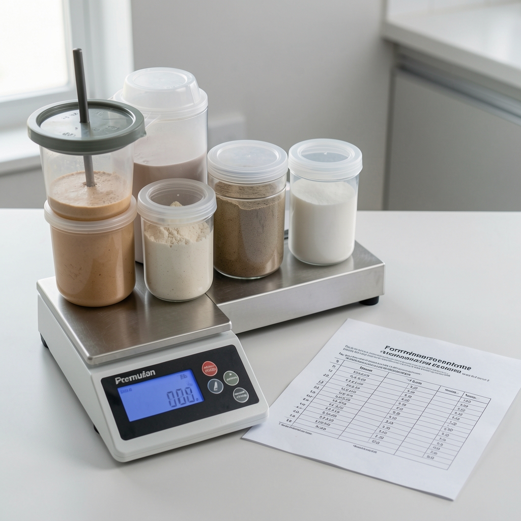 Precision blending station with ingredient containers and a digital scale displaying measurements alongside a formulation specification sheet on a clean surface