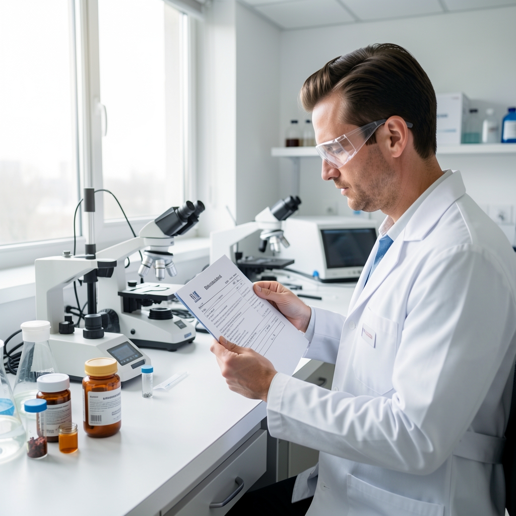 Third-party laboratory analyst reviewing a supplement batch report under bright workspace lighting with analytical instruments and sample containers on a bench