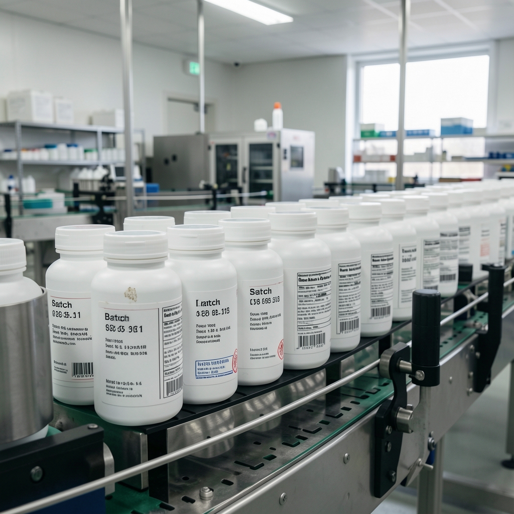 Row of labelled supplement bottles on a production line with printed batch codes and inspection stamps visible in a clean organised production environment