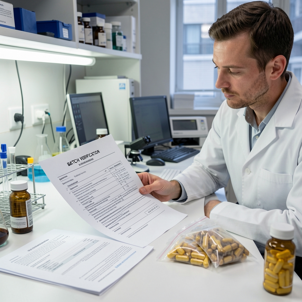 Analyst reviewing printed batch verification report alongside sealed supplement capsule samples on a laboratory workbench with controlled lighting and reference documentation