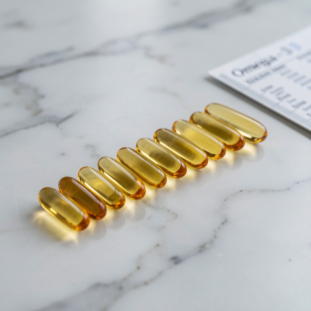 Omega-3 softgel capsules arranged in a row on a marble surface with natural lighting and a measuring document partially visible