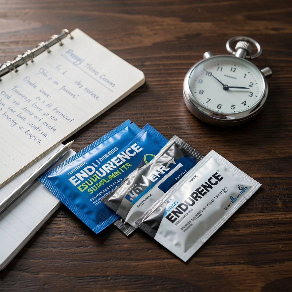 Endurance supplement packets arranged on a dark wooden surface with training notes and a stopwatch visible in soft natural light