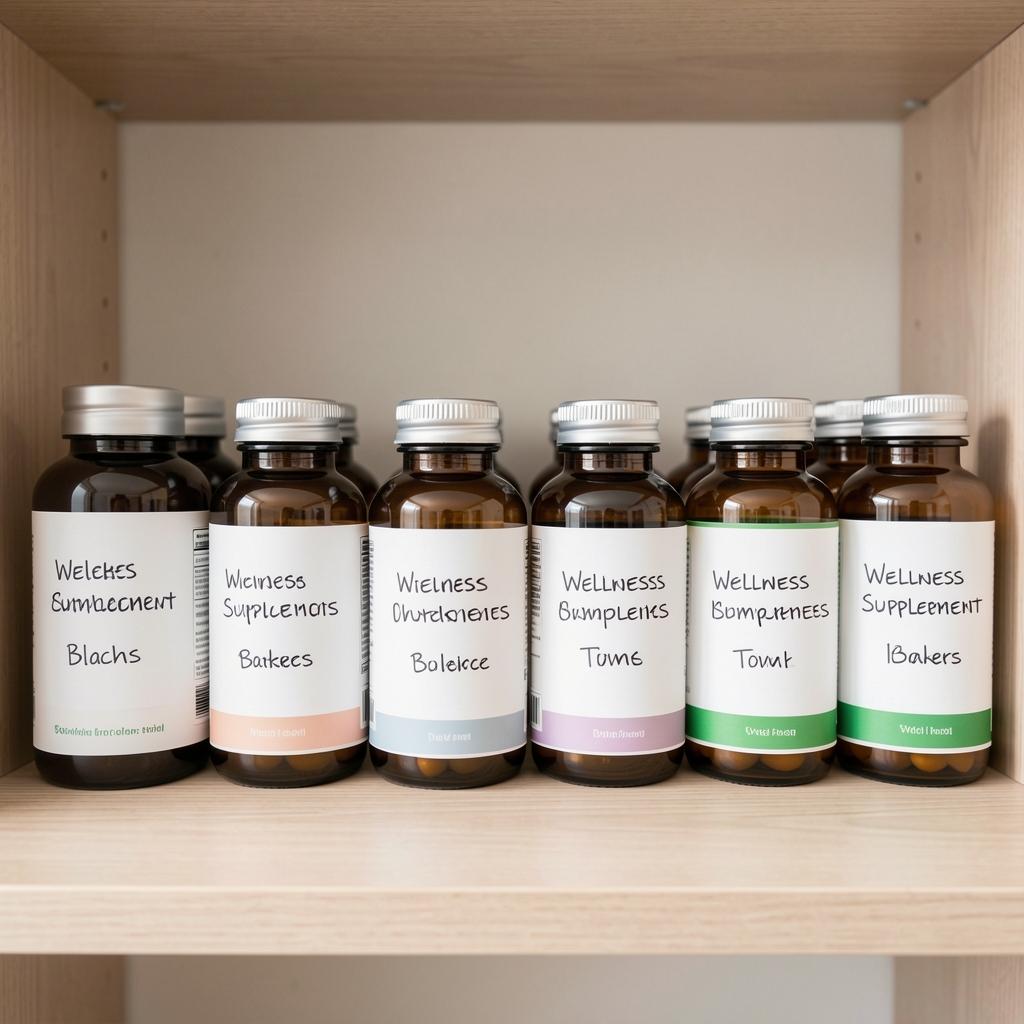 Wellness supplement bottles arranged symmetrically on a light-toned shelf in a clean organized environment with handwritten batch labels